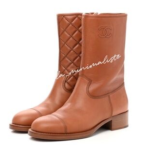 CHANEL 21A Caramel Calfskin Leather CC Ascot Mid-Calf Boots GIFTABLE!!